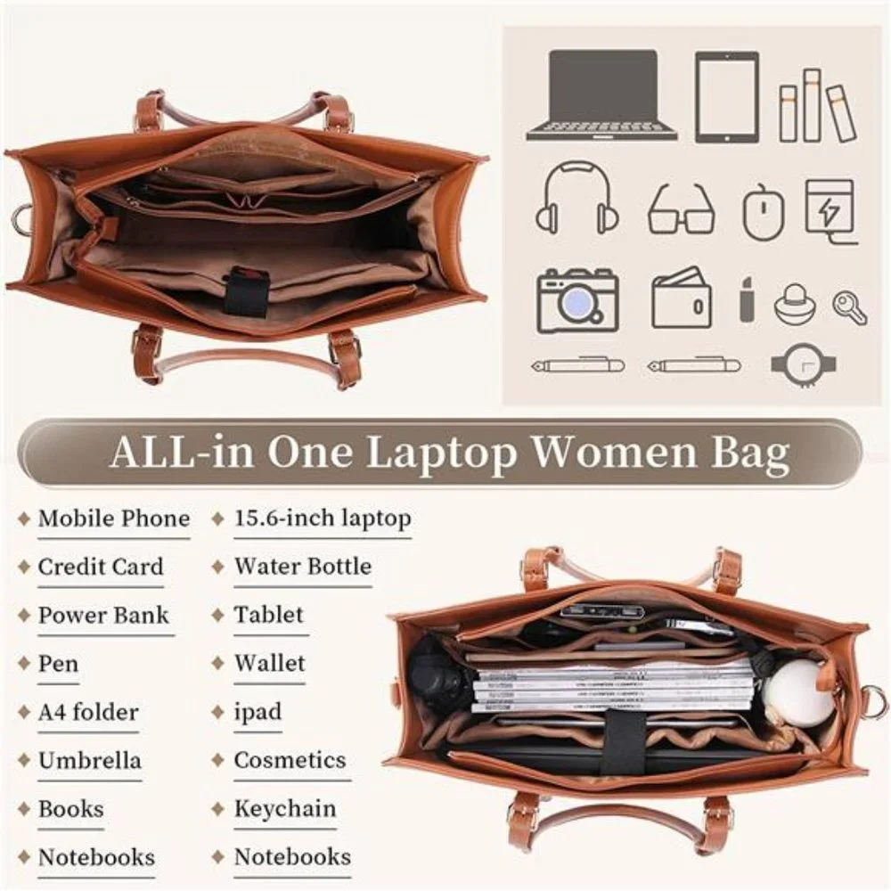 Women's Laptop Bag Waterproof Tote Bag, Brown, 15.6 inch